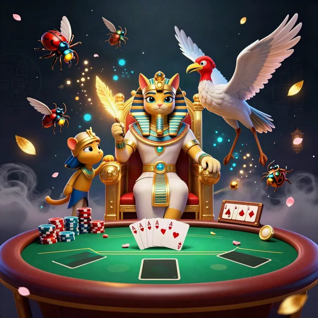 Pharaoh cat, ibis scribe, and gem scarabs amid poker chips and glowing casino magic.