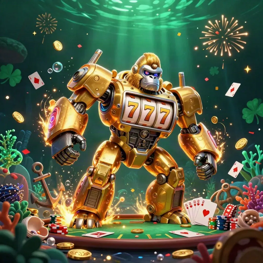 Golden gorilla mech with monkey pilot in a glowing treasure cove, poker loot swirling вокруг.