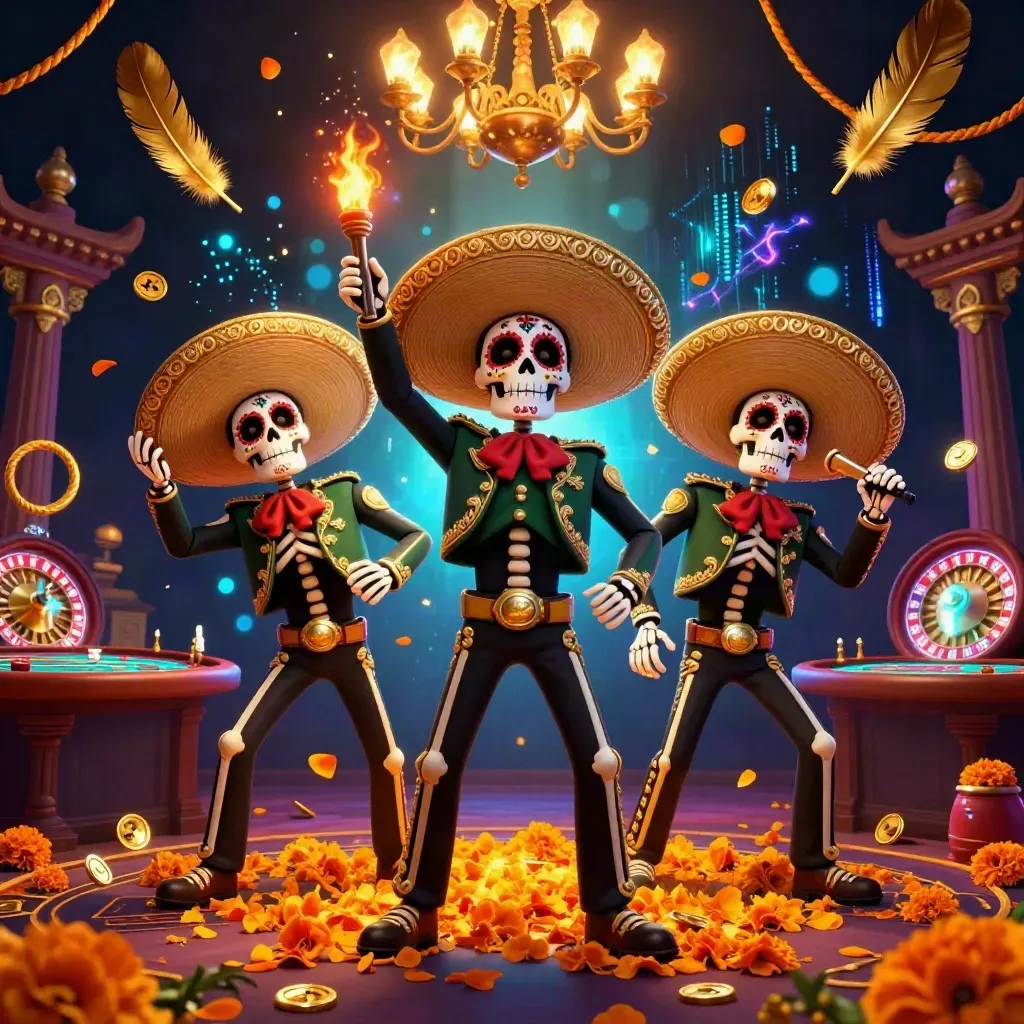Skeleton mariachi trio amid casino glow, petals, brass, and neon energy in a dark luxe room.
