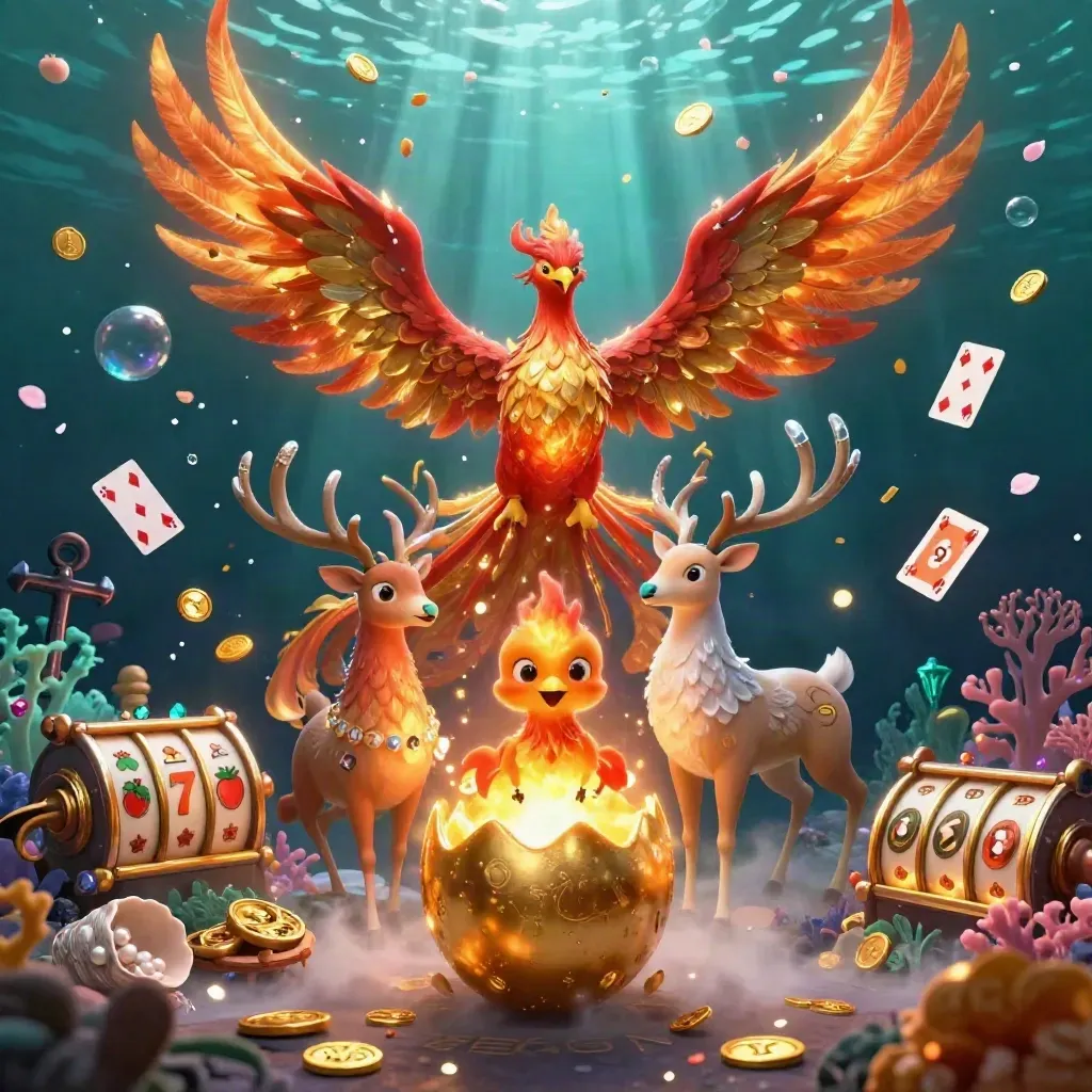 Fire phoenix, hatchling, and stag amid treasure, coral, coins, and glowing underwater casino effects.
