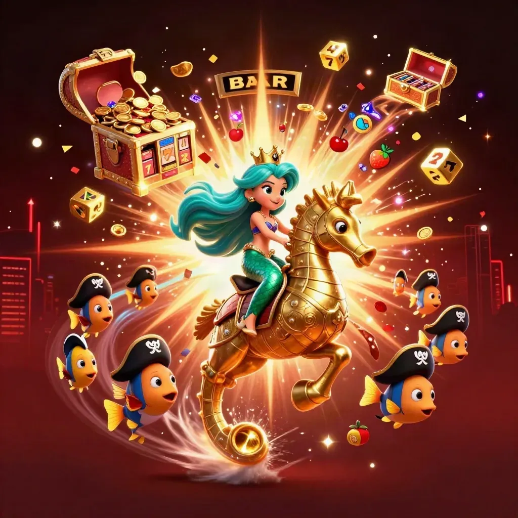 Mermaid princess on a gold seahorse amid jackpot bursts, flying casino symbols, and treasure.