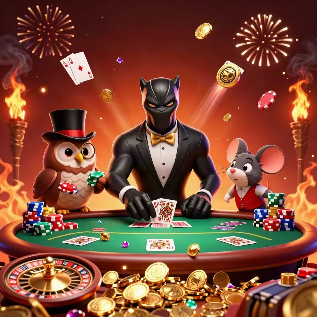 Panther, owl, and mouse celebrate amid exploding coins, chips, cards, and fiery casino glow.