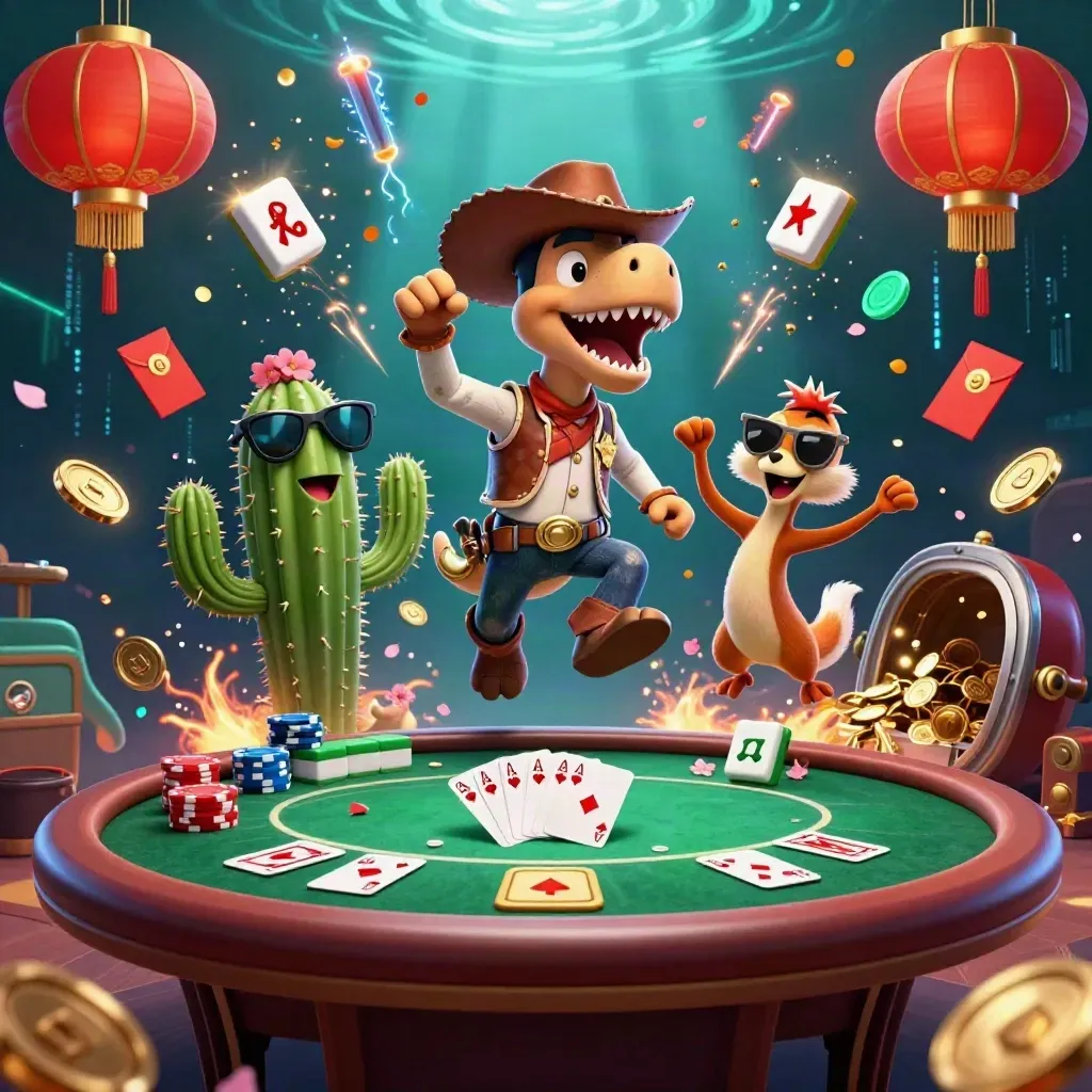 3D cowboy T-Rex poker jackpot burst with chips, coins, lanterns, fireworks, and treasure