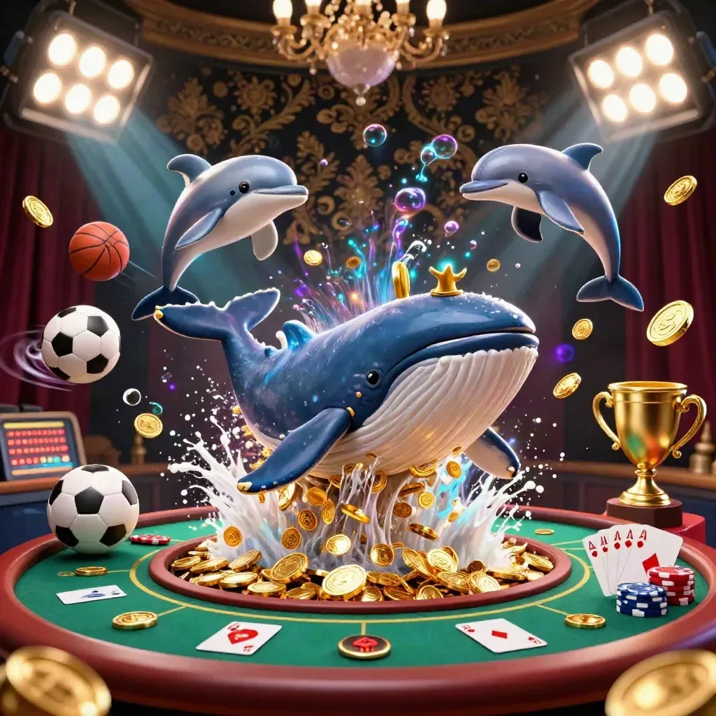 Cartoon whale captain, narwhal, and dolphins burst through gold coins with poker and casino effects.