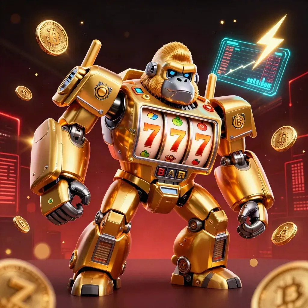 Golden gorilla slot-mech with monkey pilot, poker reels, crypto coins, and neon casino glow.